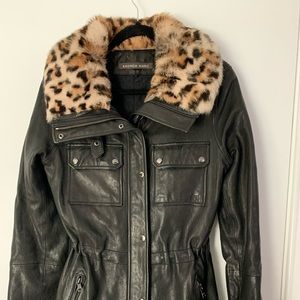 Andrew Marc leather thermolite coat with faux leopard/cheetah collar & wrists.